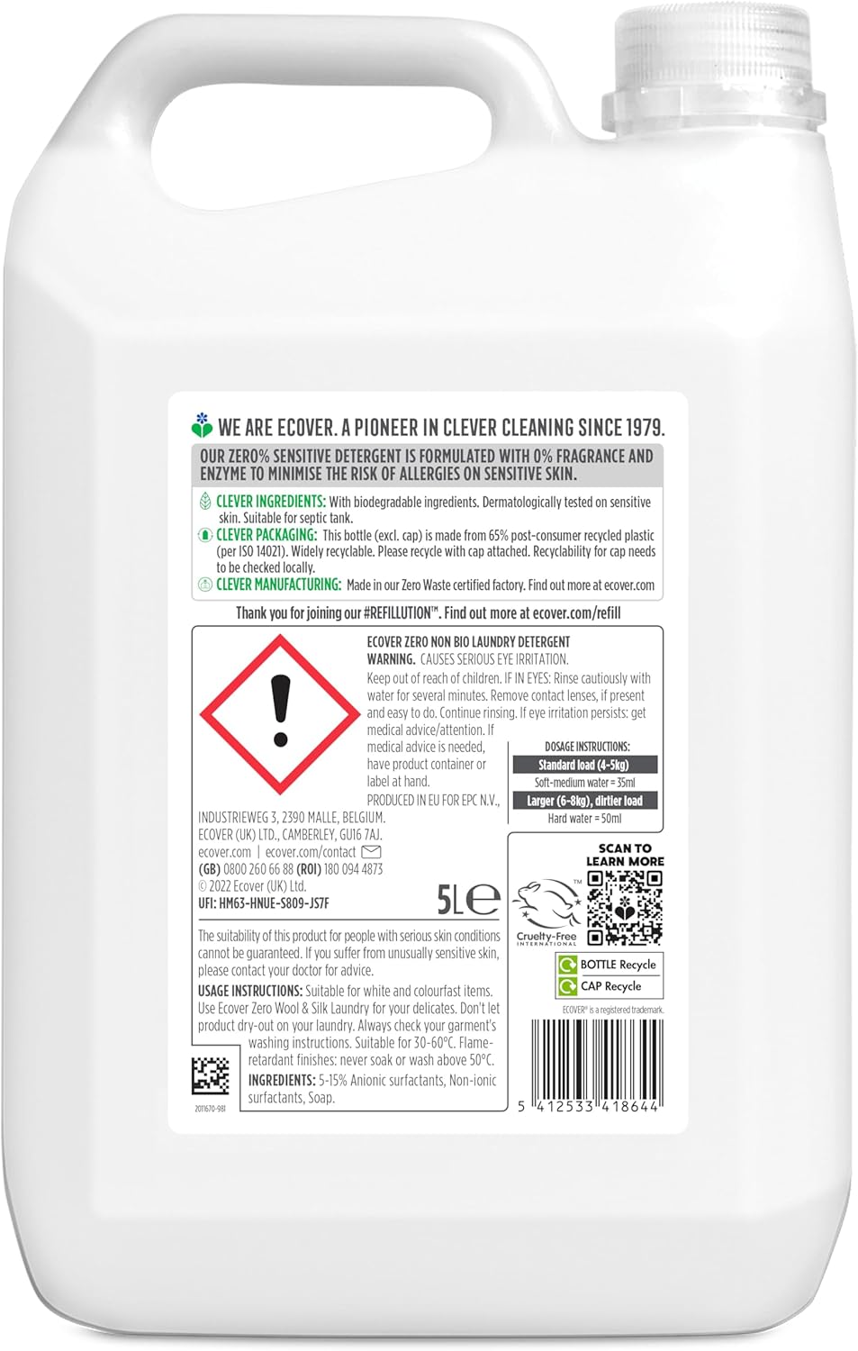 Ecover Zero Non-Bio Laundry Liquid 5L | 142 Washes | Sensitive Skin