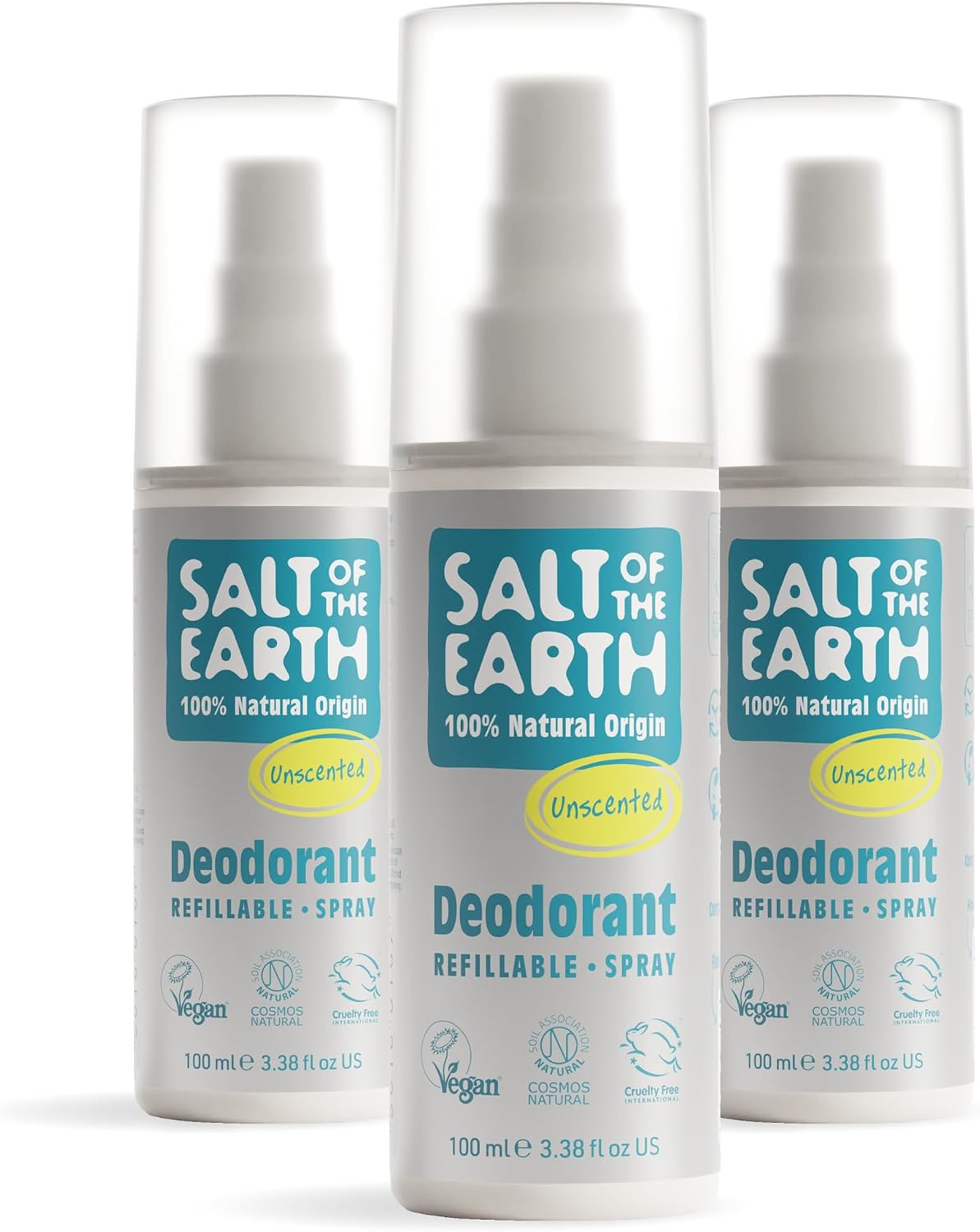 Salt of the Earth – Refillable Natural Deodorant Spray (3 Pack) – 100% Natural Origin Ingredients - Vegan, Long Lasting Protection – Suitable For Women, Men & Kids - 300ml (Unscented)