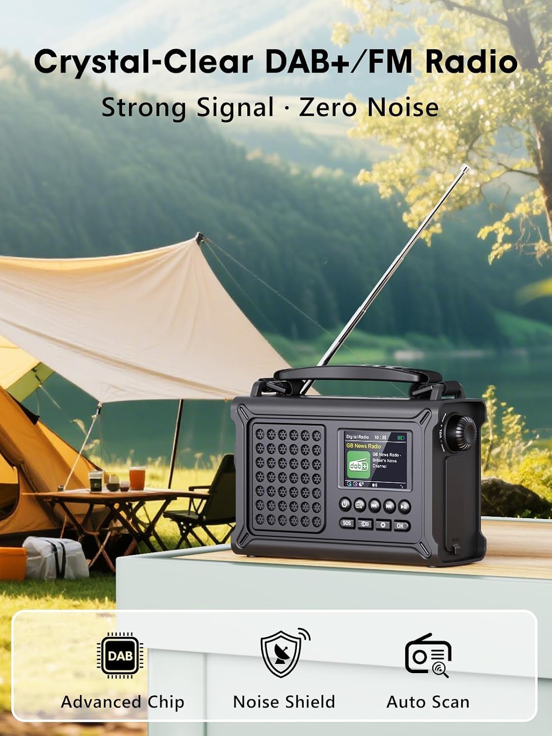 ROCAM DAB Wind Up Radio Solar Battery Torch 12000mAh Rechargeable Battery