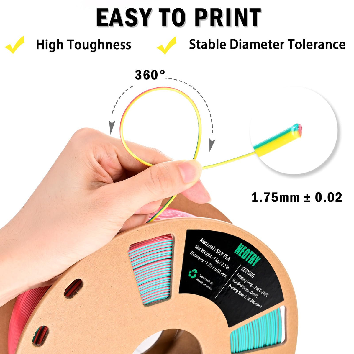Silk Tri Colour PLA Filament 1.75mm 1kg, Multicolor 3D Printer Filament, Filament 3D Printing Materials for Most FDM 3D Printer, Silk PLA Red Yellow Blue, Rainbow PLA Filament 1.75mm ± 0.02