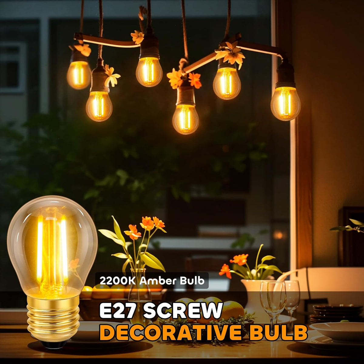 Caldarax Vintage Light Bulb E27 Edison Screw Bulb, 2W LED Filament Equivalent 20 Watt, Antique Style Retro Amber Glass 2200K Warm White, 200LM, AC 220V, Non-dimmable, Golf Ball G45 Bulb, 2 Packs
