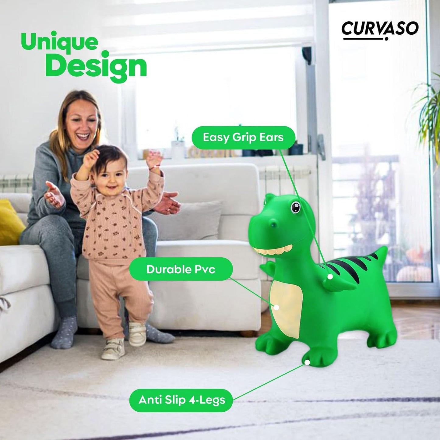 Green Dino Animal Bouncy Jump Space Hopper Inflatable Ride On Kids Children's Fun Toy Gift For Boys Girls Indoors Outdoors Pump Included PA7041