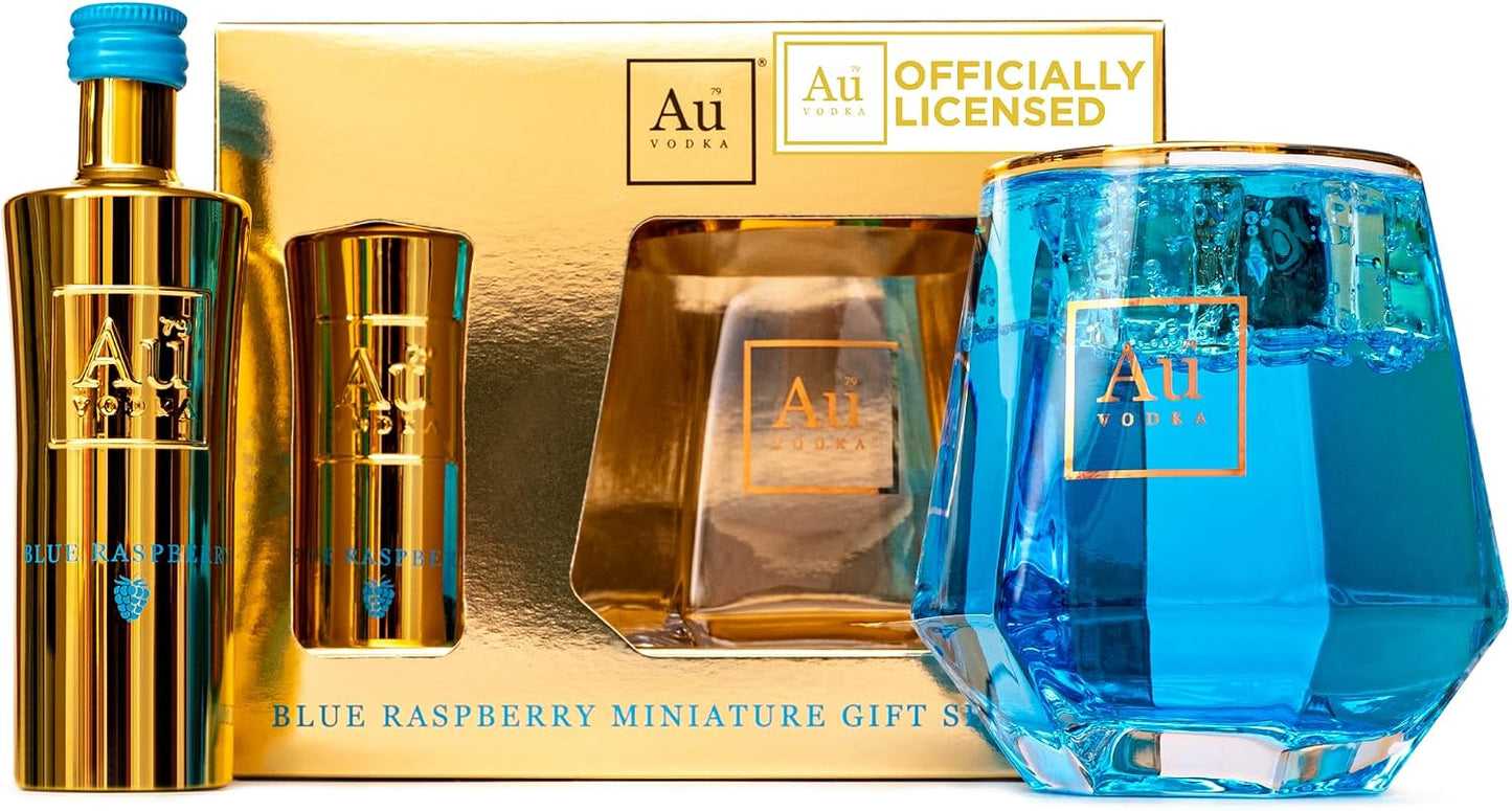 Au Vodka Gift Set - Blue Raspberry Flavoured Vodka 5cl Miniature & Diamond Cut Gold Glass - Official Licensed - Fathers Day, Birthday Gifts for Men and Women - Handcrafted In The UK, Alcohol Gift Set