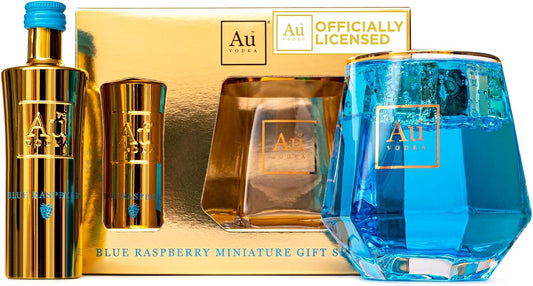 Au Vodka Gift Set - Blue Raspberry Flavoured Vodka 5cl Miniature & Diamond Cut Gold Glass - Official Licensed - Fathers Day, Birthday Gifts for Men and Women - Handcrafted In The UK, Alcohol Gift Set