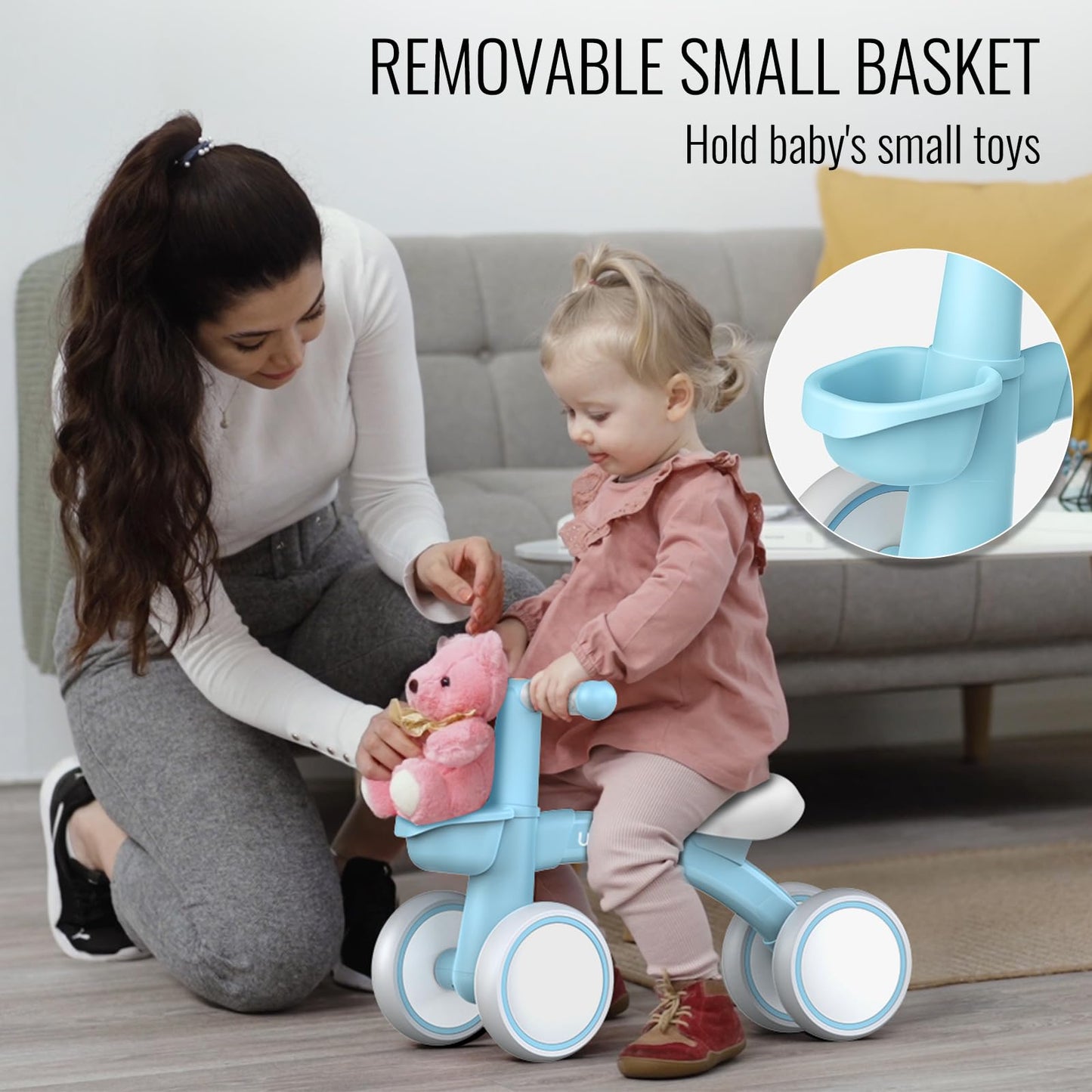 Umatoll Baby Balance Bike for 1 Year Old Boys Girls, 12-24 Months Toddler Balance Bike with Removable Basket, Adjustable Seat, 4 Wheels Infant Bike, First Birthday Gift