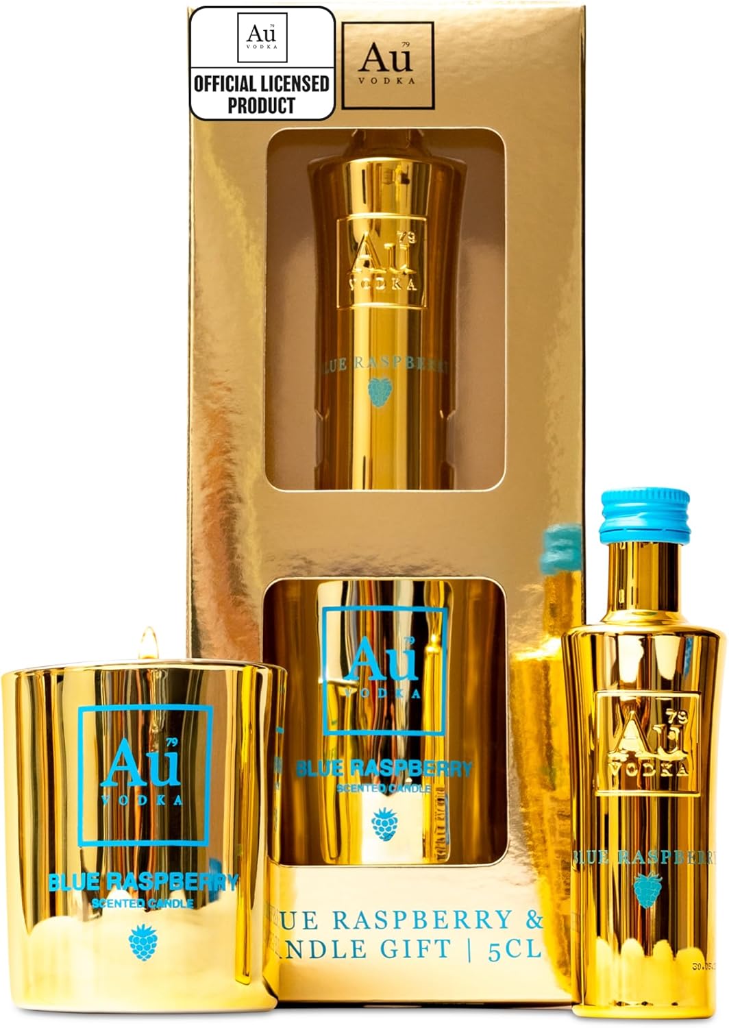 Au Vodka Gift Set - Blue Raspberry Flavoured Vodka 5cl Miniature & Candle - Official Licensed - Birthday Gifts for Men and Women - Handcrafted In The UK, Alcohol Gift Set, Fathers Day
