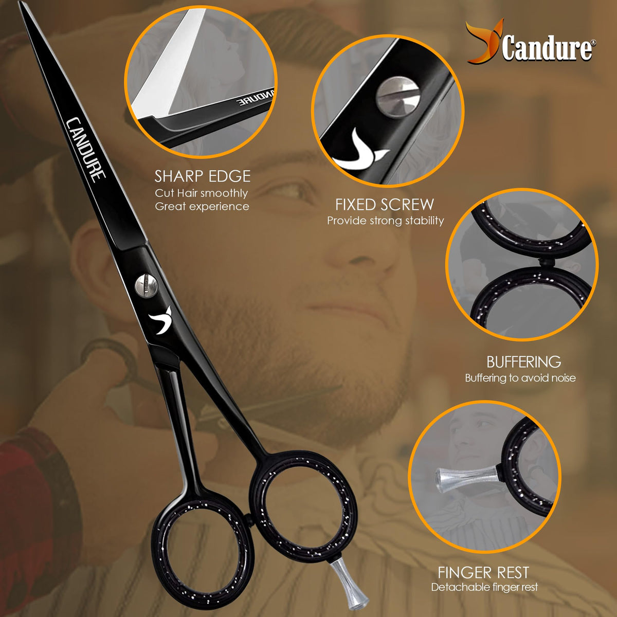 Candure Hairdressing Scissor with Comb & Leather Pouch 6.5" - Hair Scissor for Professional Hairdressers, Barbers Stainless Steel Hair Cutting Shears for Salon, Men, Women, Children and Adults Black