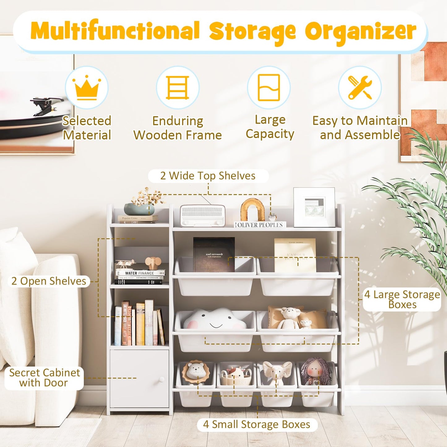 GYMAX Toy Storage Organizer, 4 Tiers Kids Bookshelf and Toy Storage Unit with 8 Bins, Open Shelves and Enclosed Cabinet, Children Bookcase for Playroom Bedroom Nursery (Pink)