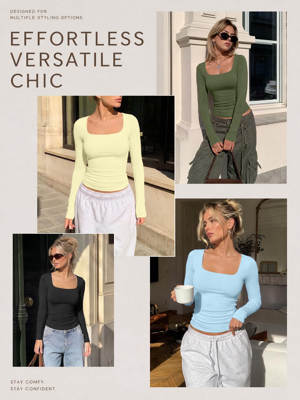 LILLUSORY Long Sleeve Tops Women UK Square Neck Double Lined T Shirts