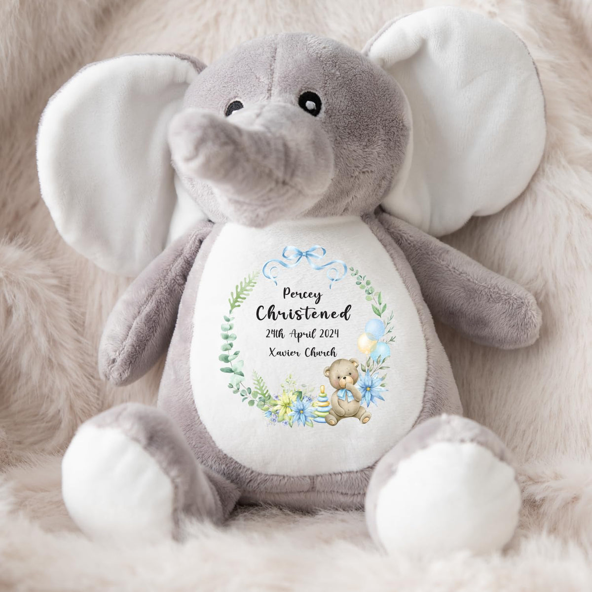 Crafted Memories - Personalised Bunny Rabbit | Custom Name & Date | Christening & Baptism Keepsake | Baby Girl & Boy | Soft Grey, White | Ideal 1st Birthday Present