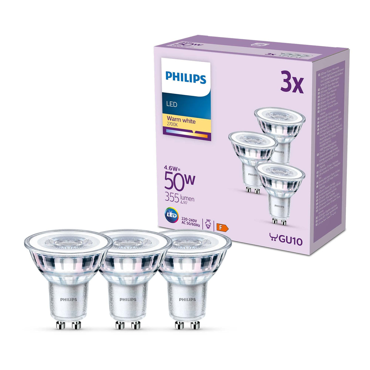Philips Classic Spotlight Bulb, GU10 Pack of 6