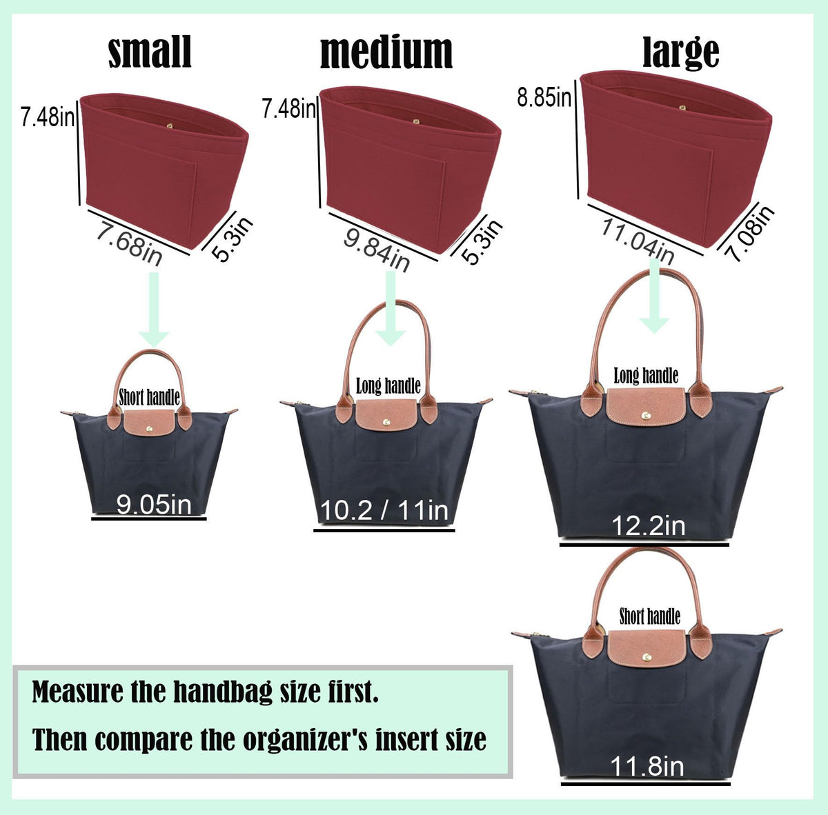 Lckaey tote bag organizer insert for Longchamp le pliage large tote insert felt purse zipper bag organizer 1028pink-S