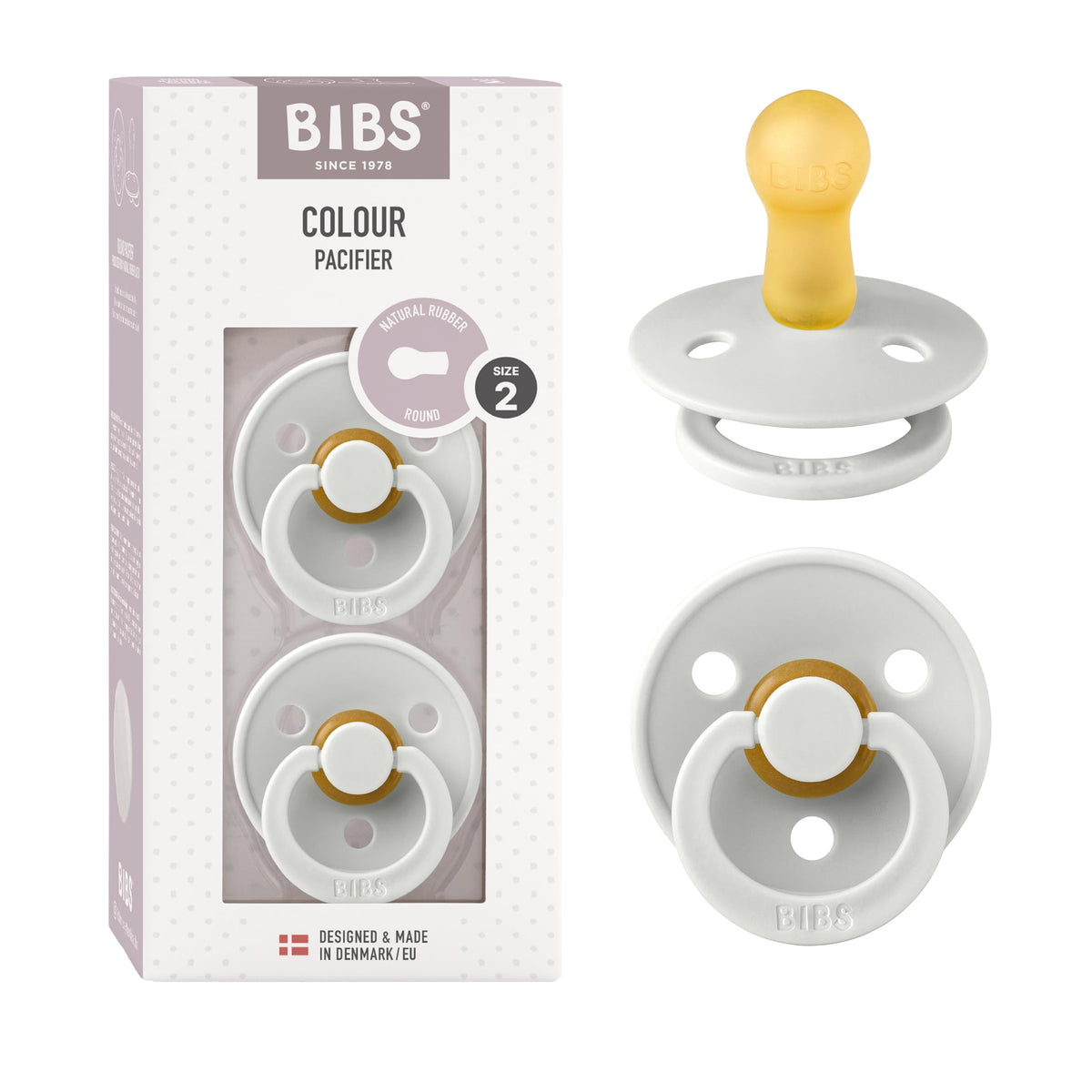 BIBS Colour Soother 2-Pack, BPA Free Dummy Pacifier, Round Nipple. Natural Rubber Latex, Made in Denmark, Size 2 (6-18 Months), Baby Blue