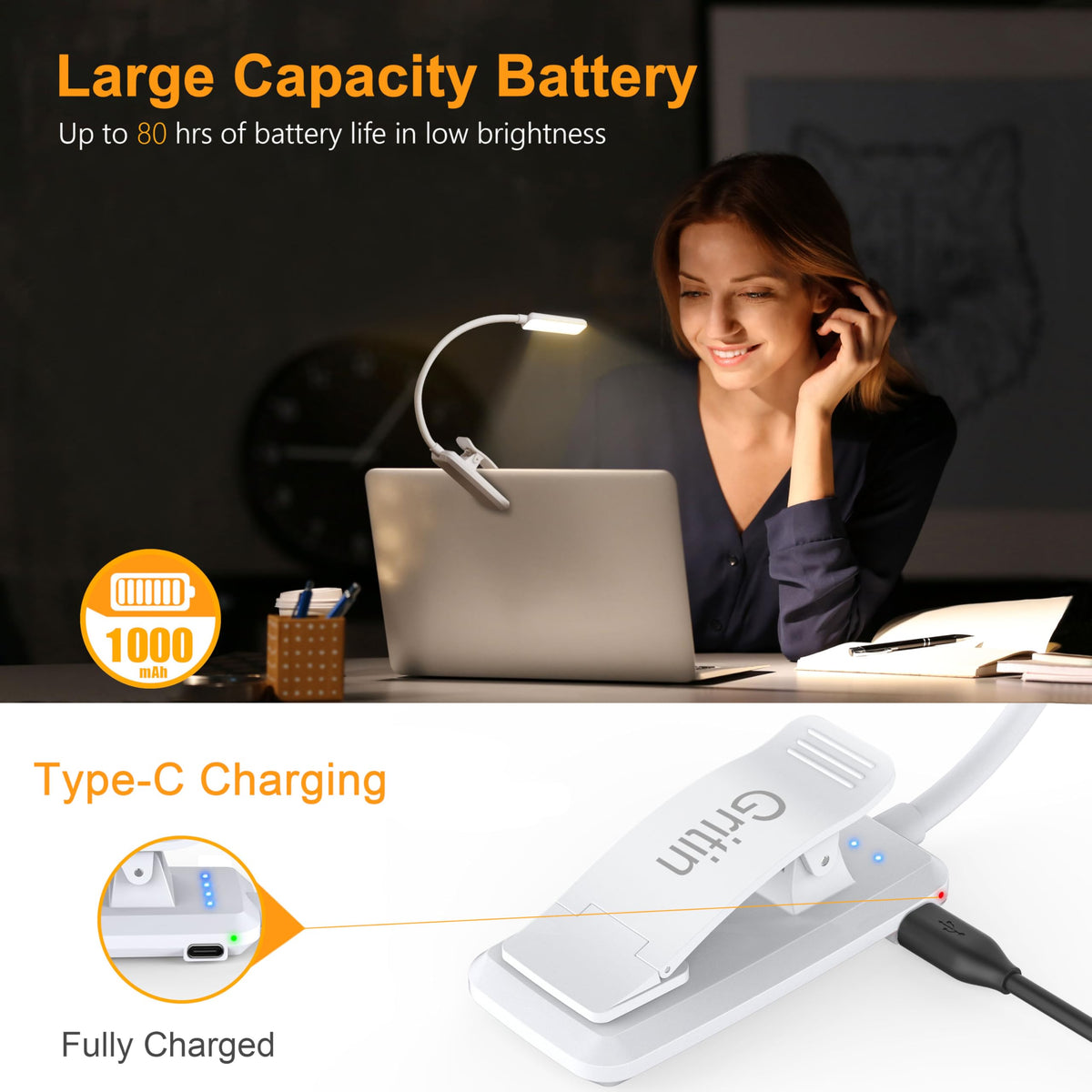 Gritin 9 LED Rechargeable Book Light for Reading in Bed-Stepless Dimming