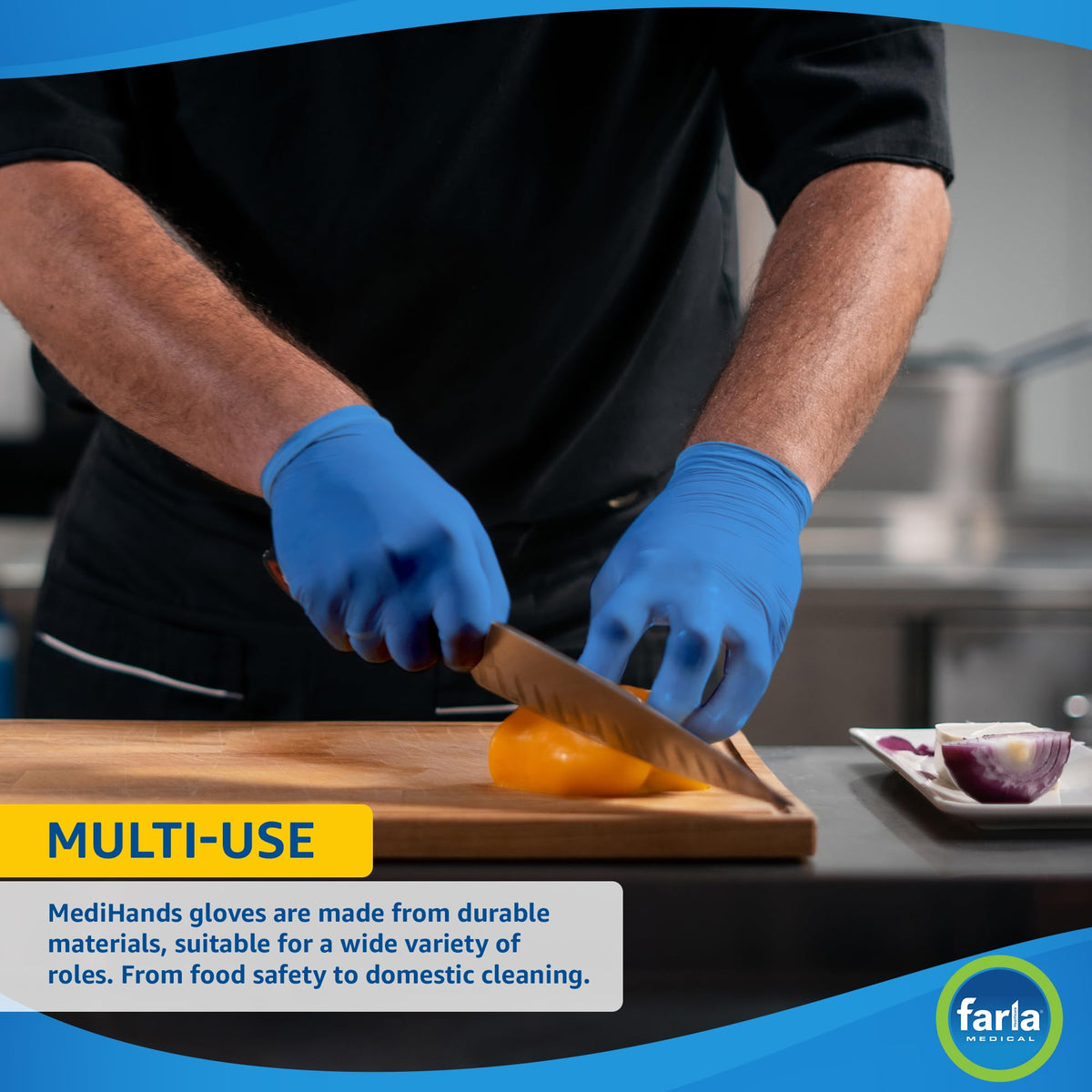 Farla MediHands Blue Medium Vinyl Gloves - Box of 100 Disposable Vinyl Gloves - Medical Gloves - Powder Free, Latex Free, & Protein Free Gloves - Multi-Purpose, Single Use