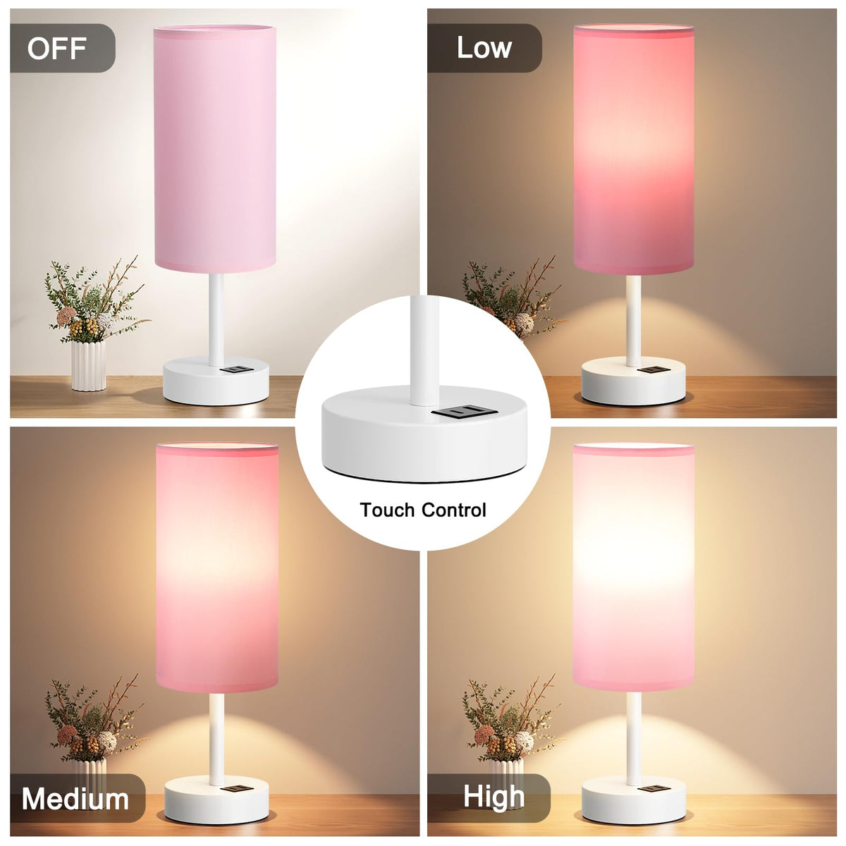 Aooshine Grey Table Lamp, 3-Way Dimmable, USB A + C Charging