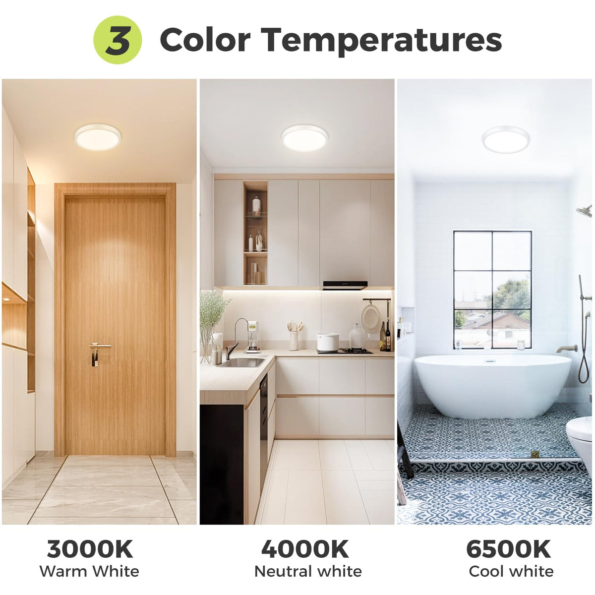 hepside Bathroom Light, 3000K/4000K/6500K 3 Color Temperature LED Ceiling Light, 15W 1500LM, Waterproof, Round, Small, Modern, Flush Ceiling Light for Bathroom, Kitchen, Bedroom, Black