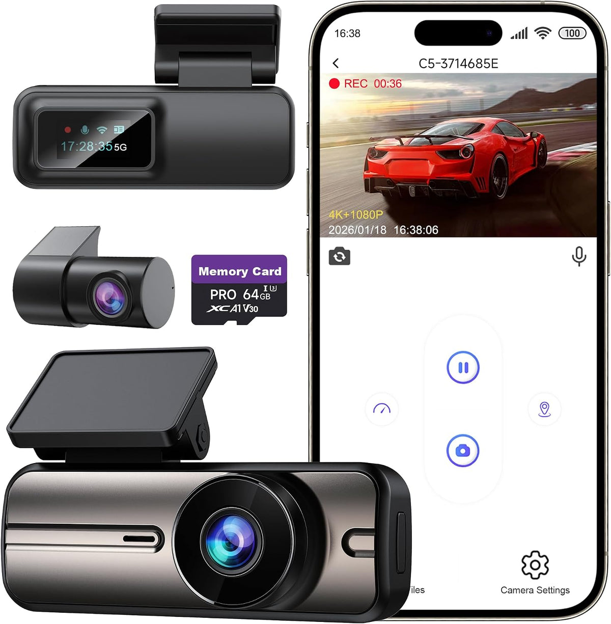 Dash Cam Front and Rear 4K 1080P, 64GB Card Included, 24H Parking Mode
