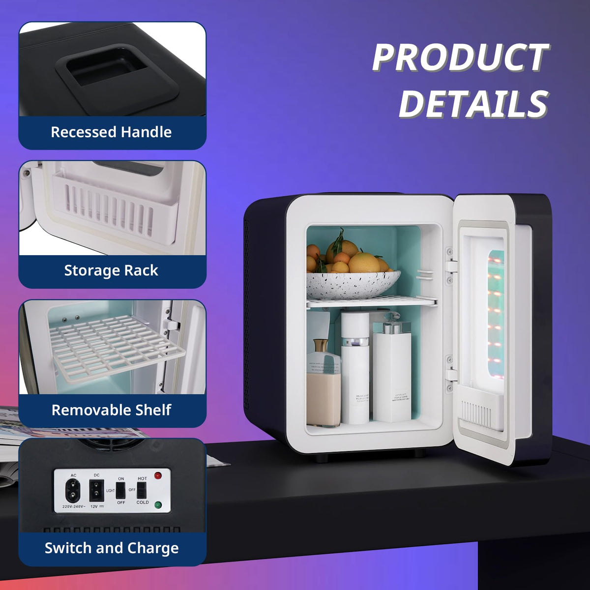 4 Liter Mini Fridge with RGB LED Mirror, AC/DC Skincare Fridge