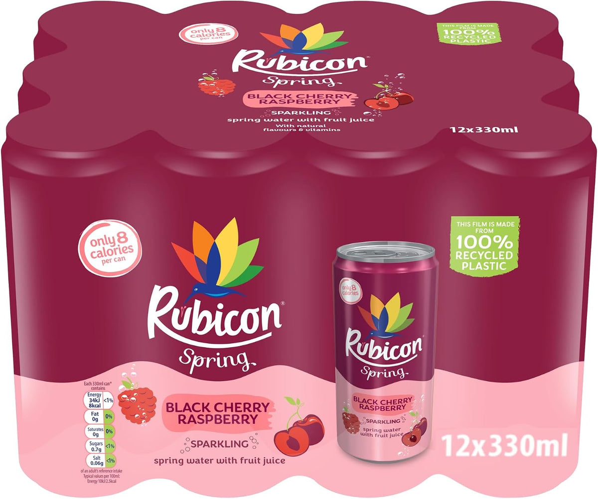 Rubicon Spring Black Cherry Raspberry Flavoured Water, 12 Pack, 330ml Cans