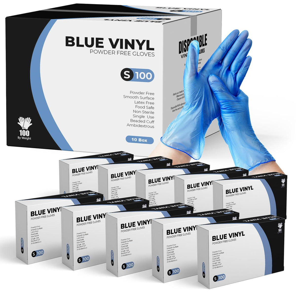 Disposable Gloves, Size S, Pack of 100, Blue Vinyl Gloves, Powder Free, Latex Free, Comfortable Fit, Suitable for Food Handling, Cleaning, Hairdressing & Multi-Purpose Use