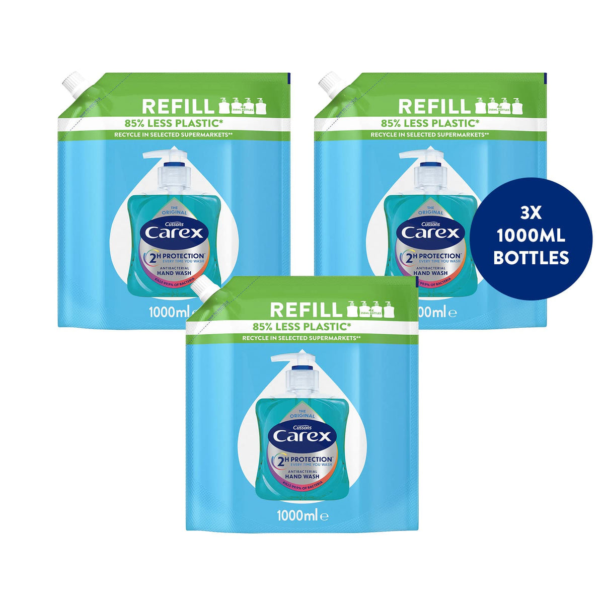 Carex 2 Hour Protection Antibacterial Moisture Hand Wash Refills, Liquid Hand Soap Eco Refill for Homes & Businesses, Caring Hand Wash, Bulk Buy, Pack of 3 x 1 litre