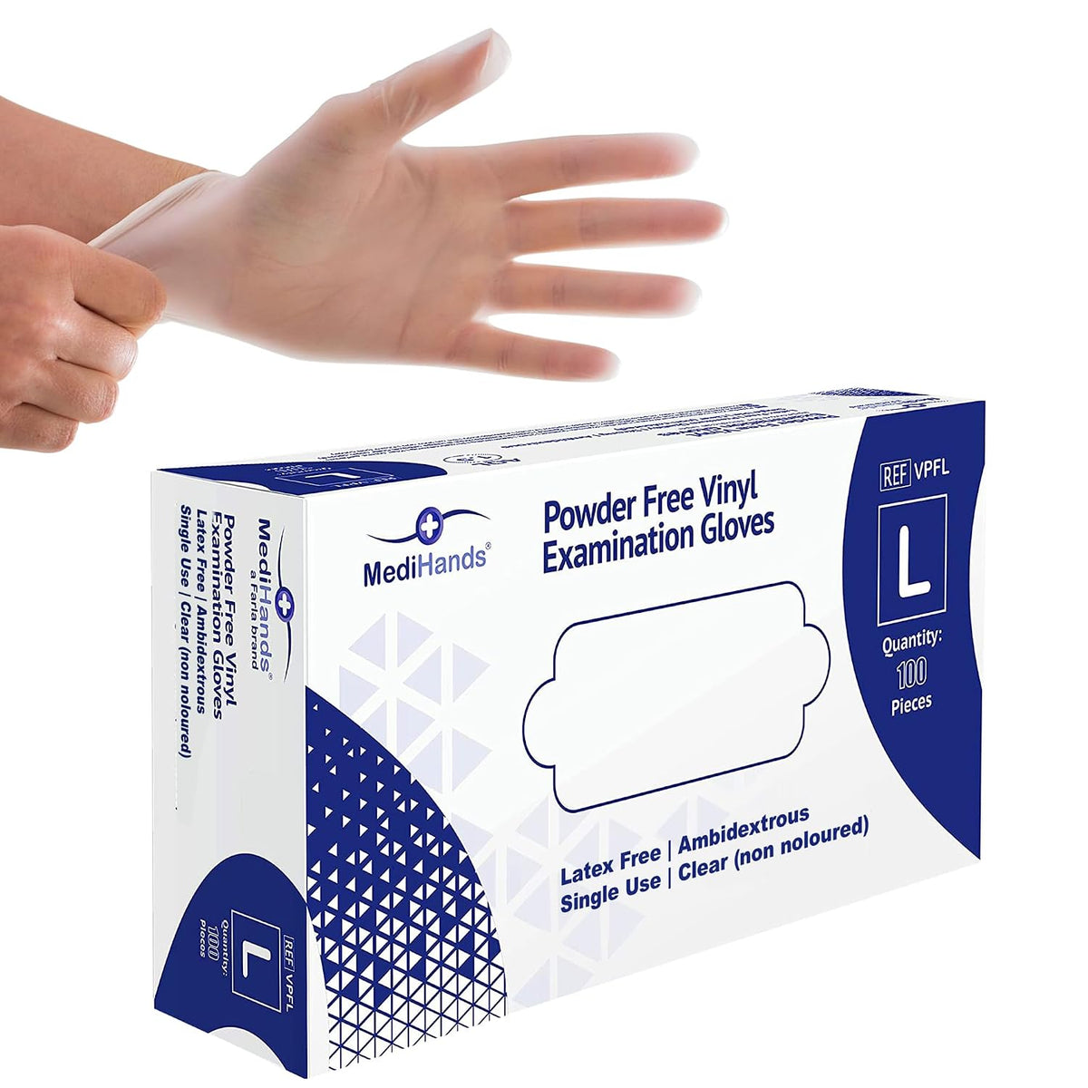 MediHands Vinyl Clear Gloves Large Disposable Surgical Gloves, Box of 100 Powder Free Latex Free & Protein Free, Medical Gloves, Food, Multi Use