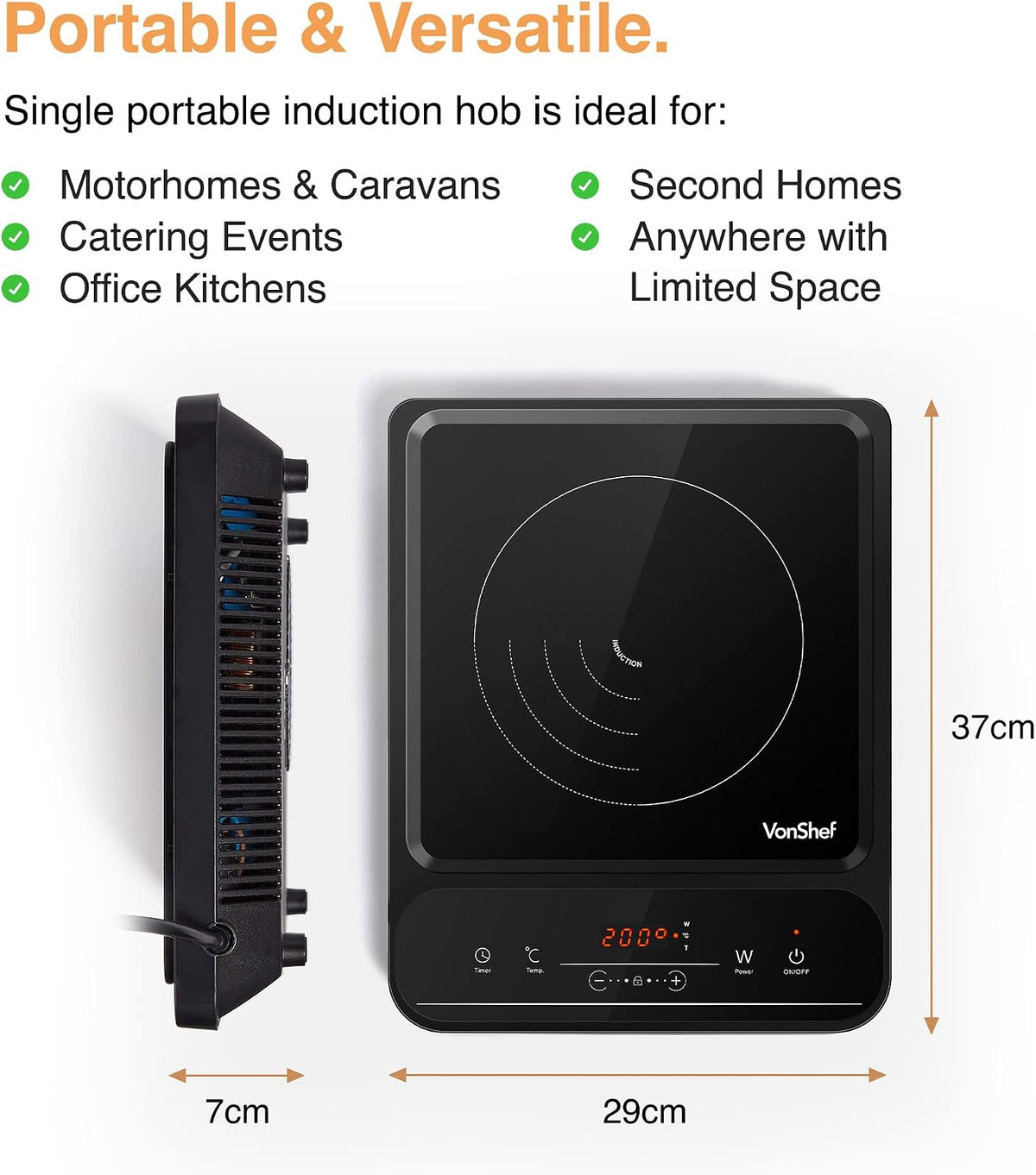 VonShef Single Induction Hob – 2000W Portable Induction Cooker w/LED Touch Display, 3 Hour Timer, 10 Heat Settings 60-240°C, Safety Lock - Black
