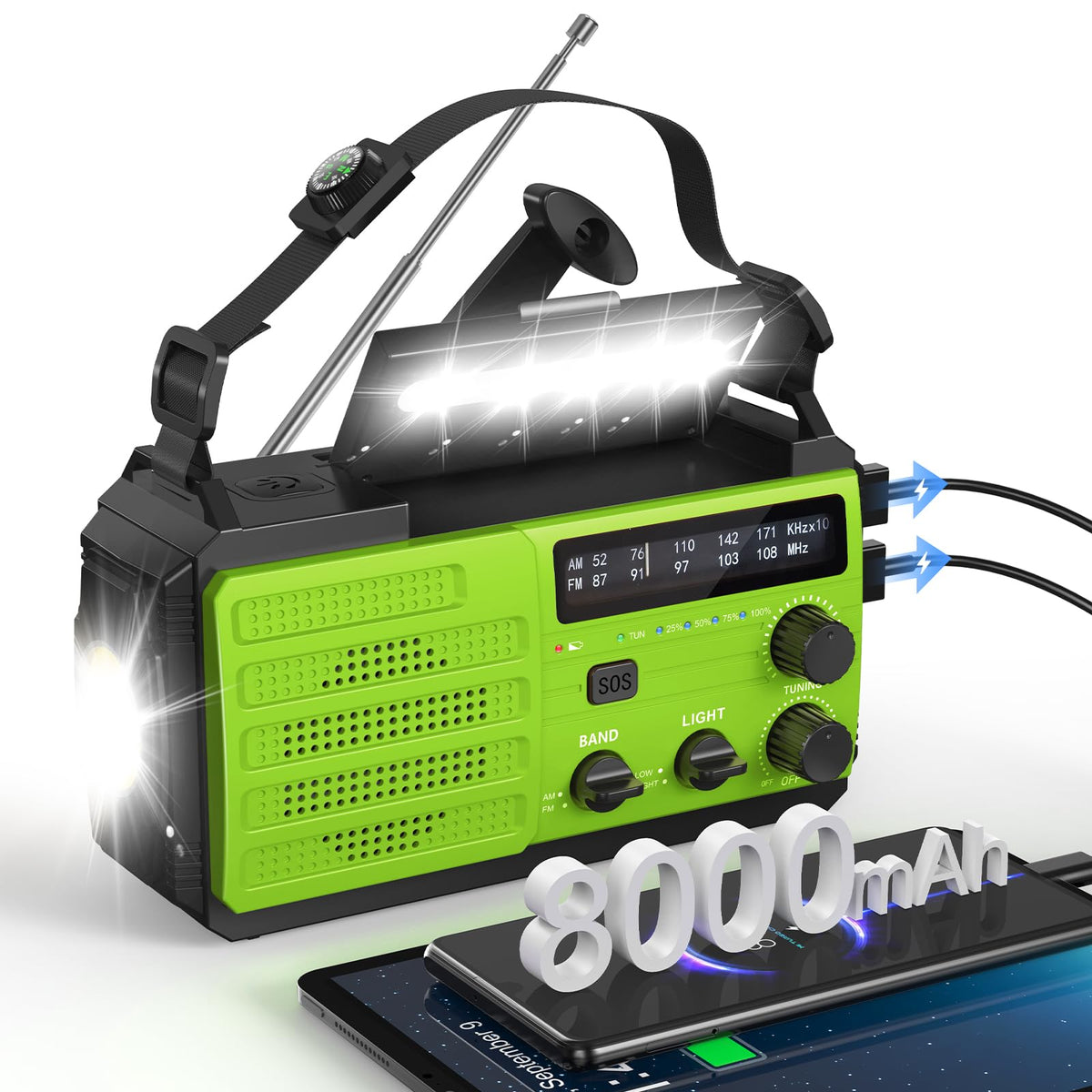 8000mAh Emergency Wind Up Radio, Hand Crank Solar, AM/FM Radio with 3-Mode Flashlight, 2-Mode Reading Lamp, SOS Alarm with USB Phone Charger for Emergency Outdoor