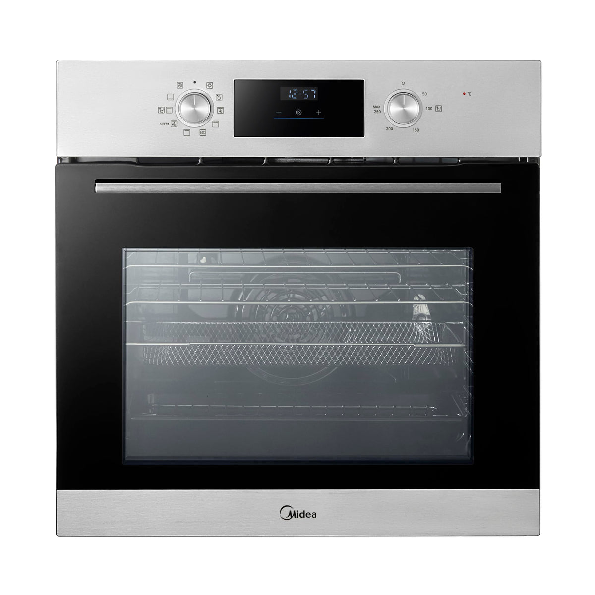 Midea 71L, 60cm Wide, Single Electric Built-in Fan Oven with Air Fry, 12 Oven Functions, Aqua Clean, LED Display, Convection, ECO, MultiLevel Cooking, Color Black - MBO65M90D2-BK