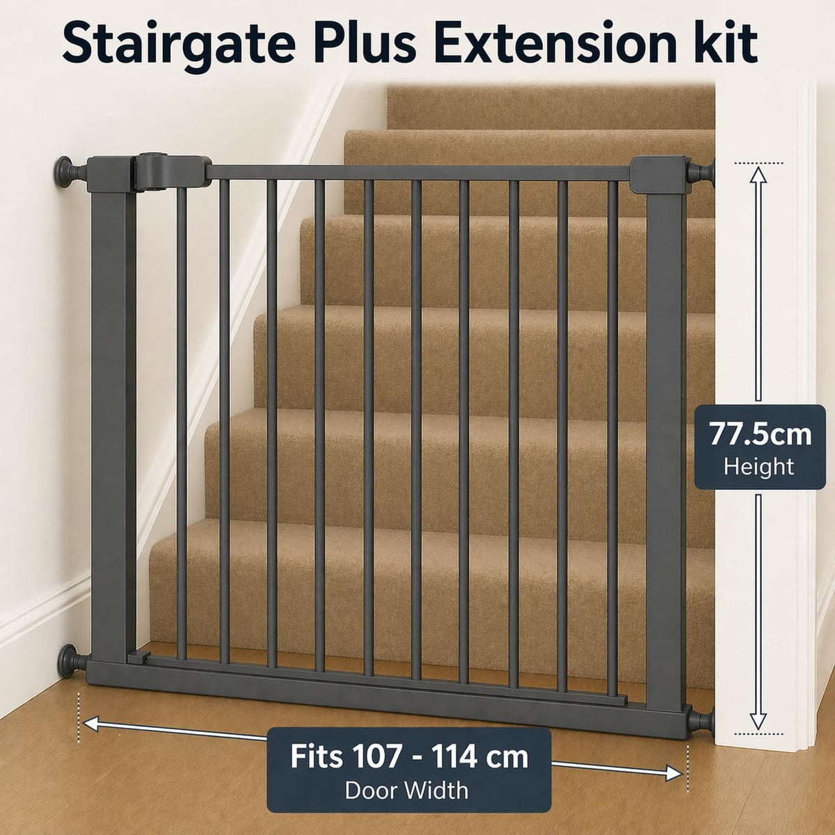 For Your Little One Pressure Fit Safety Stair Gate – 100–107 cm – 2 x 7 cm Extensions Included – No Screws Needed | One-Hand Opening | Baby & Pet Gate for Stairs & Doorways, Grey