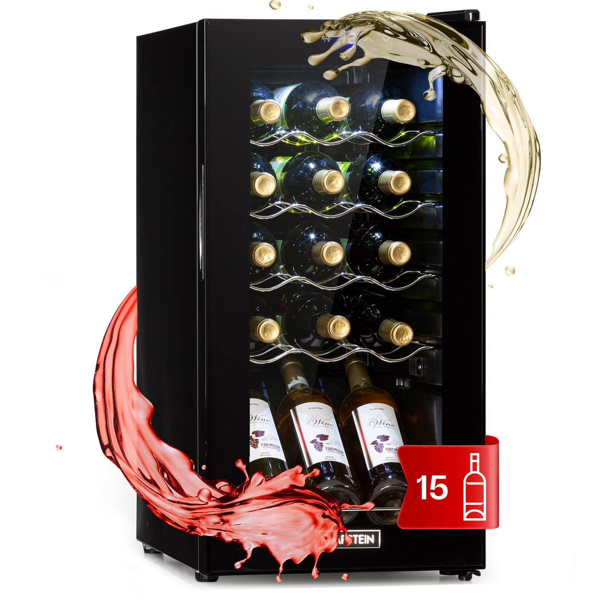 KLARSTEIN Shiraz Wine Cooler Black – 8 Bottles, 1 Zone | Freestanding Wine Fridge with Glass Door, Quiet, 5–18 °C, LED, Stainless Steel Frame