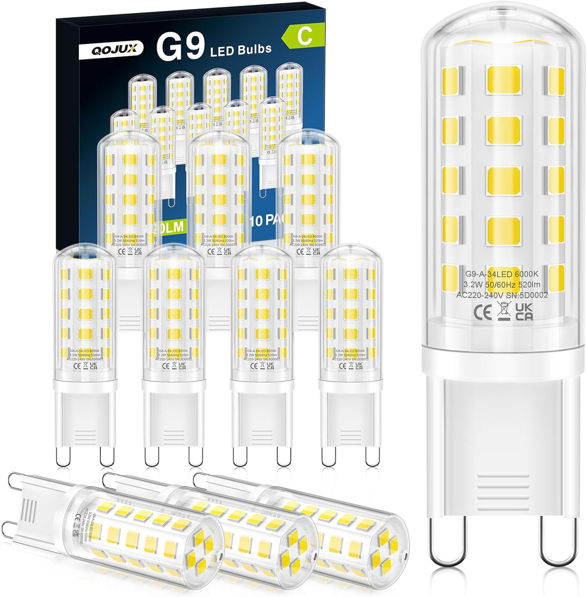 3.2W G9 Led Bulbs Cool White, Energy Class C 34 LEDs 520LM G9 Bulb, 10 Pack