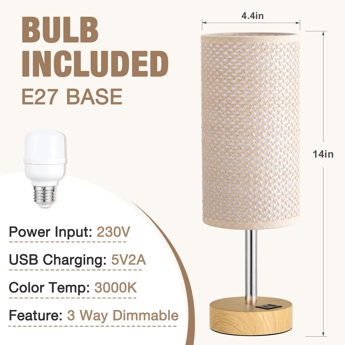 Aooshine Grey Table Lamp, 3-Way Dimmable, USB A + C Charging
