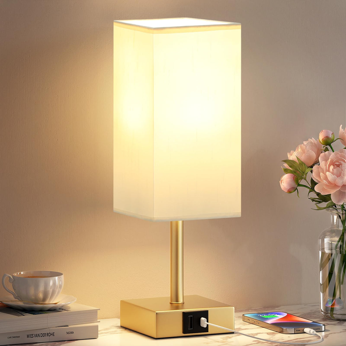 Pink Touch Lamp, Bed Lamp with Dual USB Charging Ports, Pink-Base (Bulb Included)