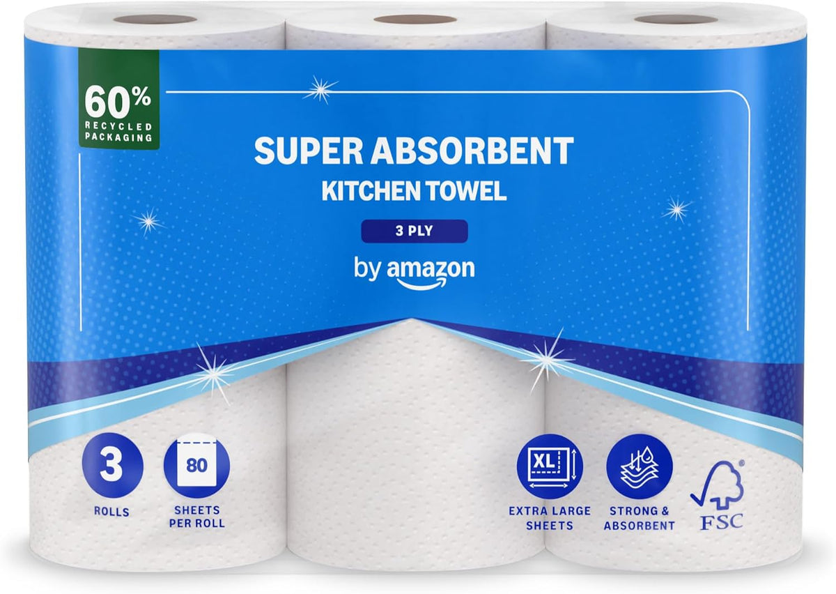 by Amazon Super Absorbent Kitchen Towel, 3-ply, 3 Rolls (1 Pack of 3), 80 Sheets per Roll