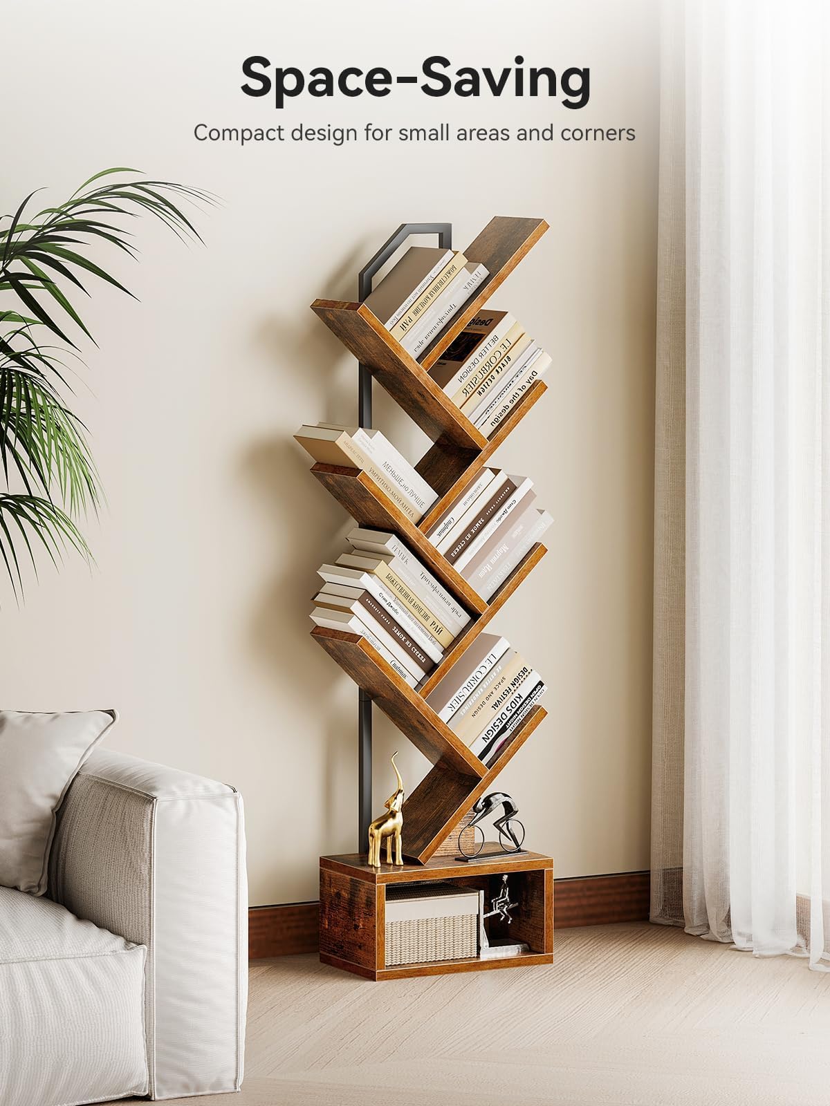 Coleshome Tree Bookshelf, 6-Tier Floor Standing Bookcase, Bookcases suitable for bedrooms and living rooms, Wooden bookshelves suitable for bedrooms and living rooms, White