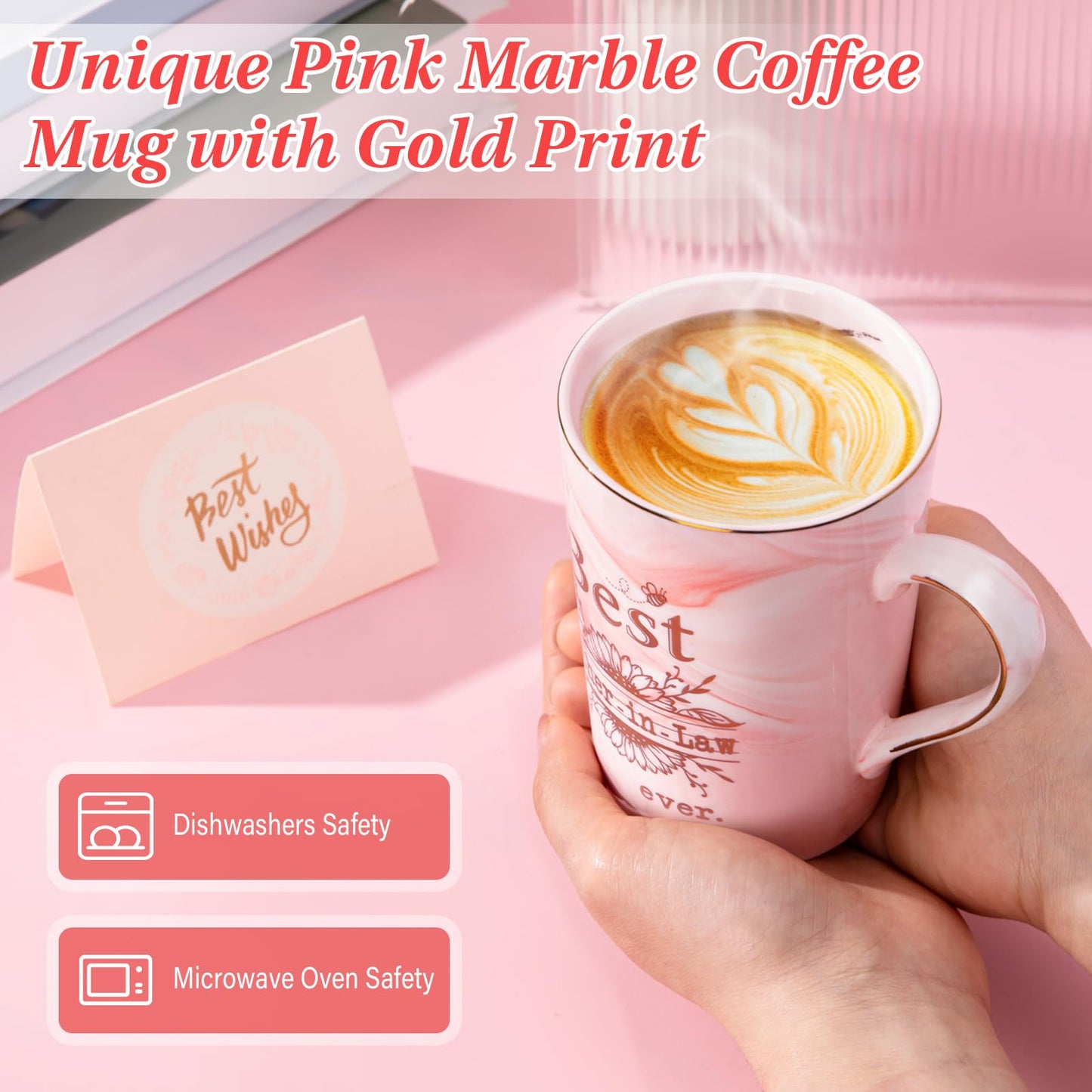 Unique Teacher Appreciation Gifts for Women - Best Teacher Gifts for Teachers, 14oz Pink Marble Ceramic Coffee Mug Printed with Gold, Retirement Birthday Graduation Ideas, End of The Year, Gift Boxed