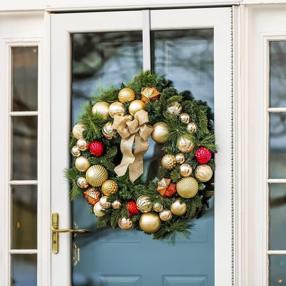 Jsdoin Christmas Wreath Door Hanger, 12.5 Inches Metal Front Door Wreath Hook for Christmas Home Office Wall Wedding Wreaths or Decorations (White, 1 Pack)