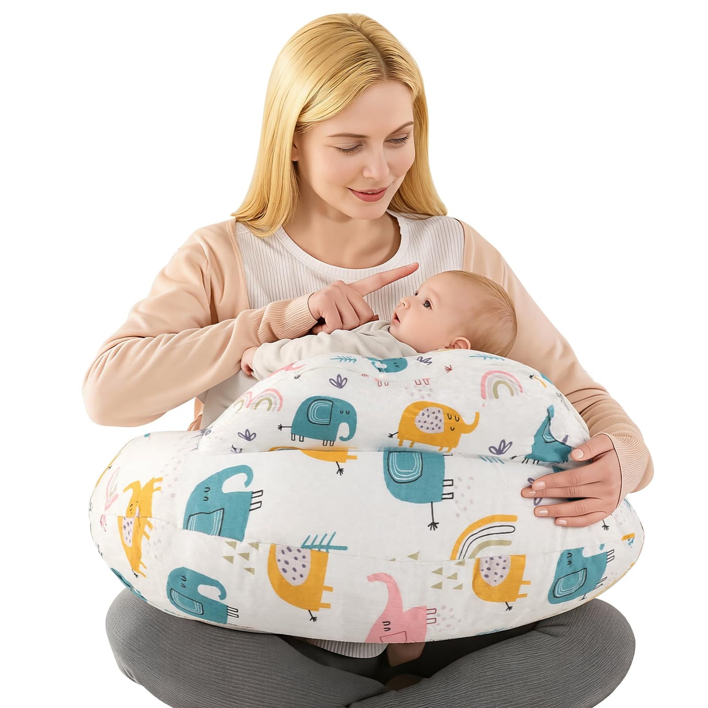 Labtec Nursing Pillow for Breastfeeding Baby, Multifunctional Breast Feeding Pillow with Adjustable Waist Strap and Safety Fence, 100% Cotton Removable Pillowcase, Forest Friends