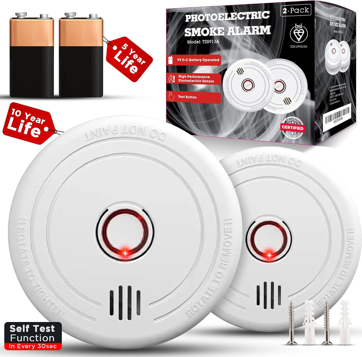 2 Pack Smoke Alarms for Home – 10-Year Life Fire Alarms with 5-Year Replaceable Battery, EN14604 Certified Photoelectric Smoke Detector with Silence Button, LED Light, for Kitchen, Caravan, Office