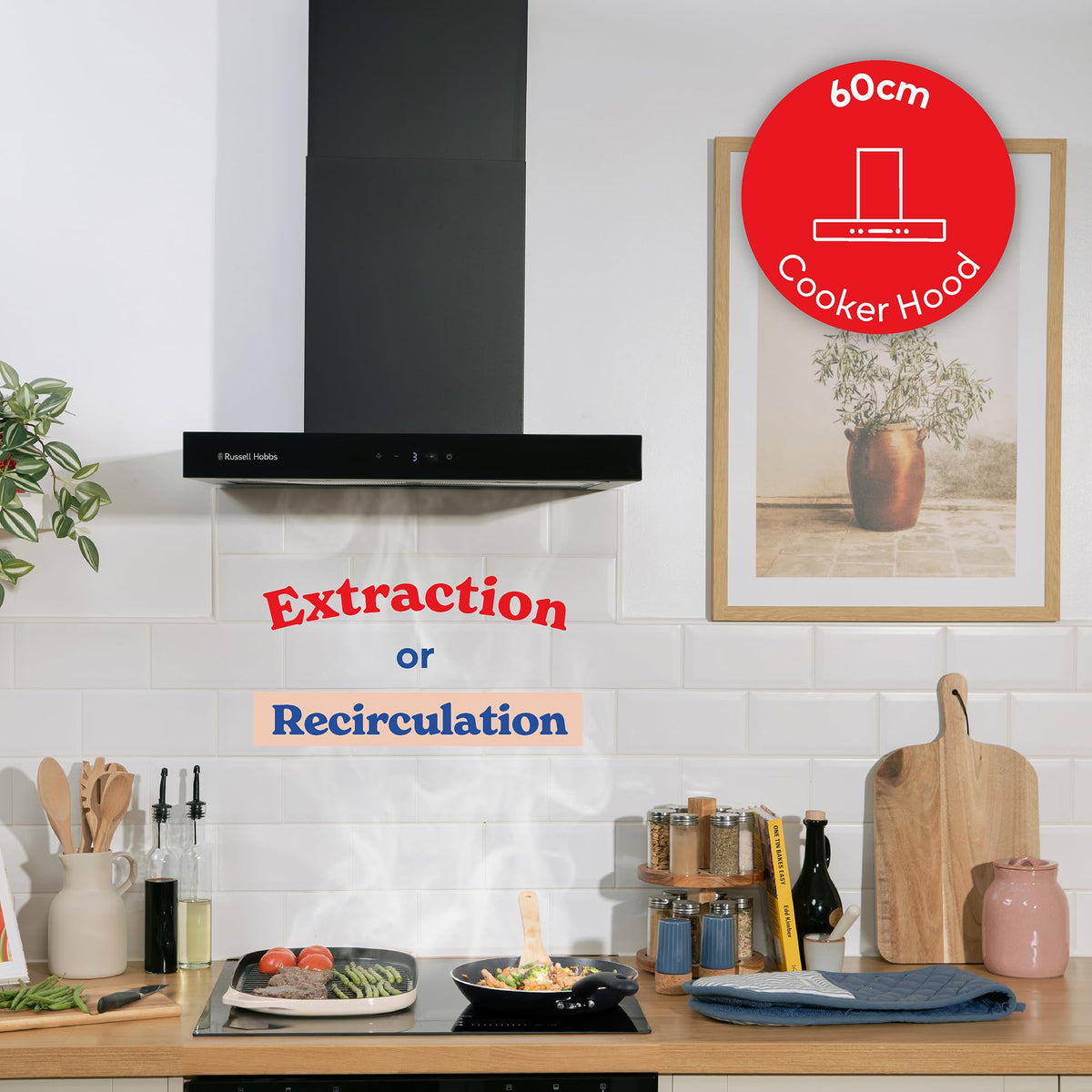 Russell Hobbs 90cm T-Shaped Cooker Hood in Stainless Steel with 3 Speed Settings, 3x Washable Aluminium Filters, Extraction or Recirculation, Boost Function, LED Lights A++ Energy Rating, RHGCH903SS