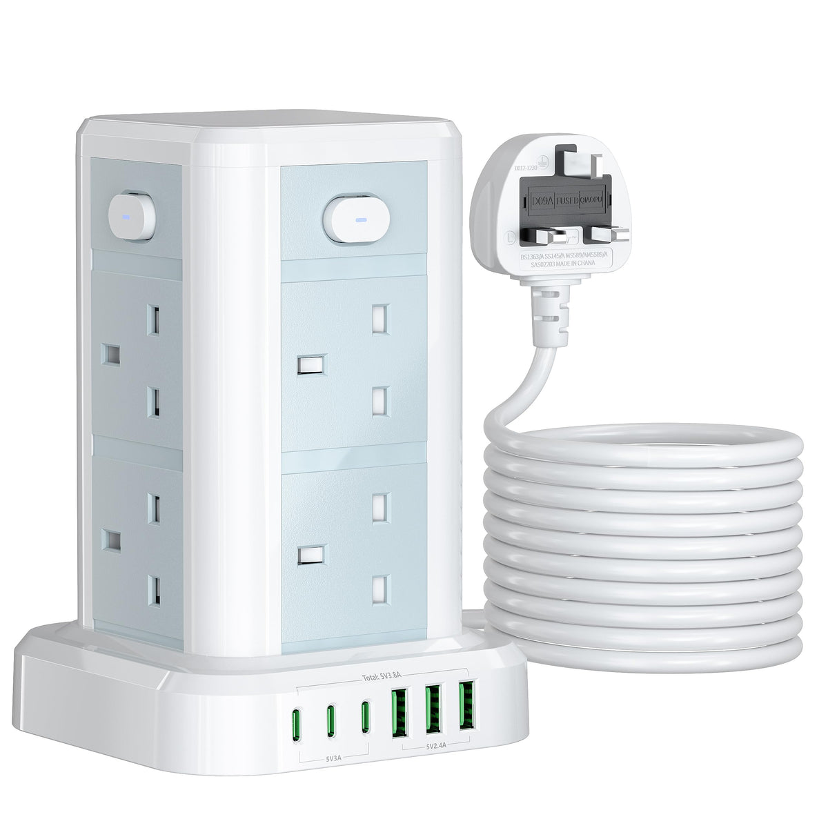 6M Tower Extension Cord with 6 USB Slots, Toomke 8 Way Extension Sockets with 3 USB A and 3 USB C, Tower Plug Extension with 4 Independent Switches 13A 3250W