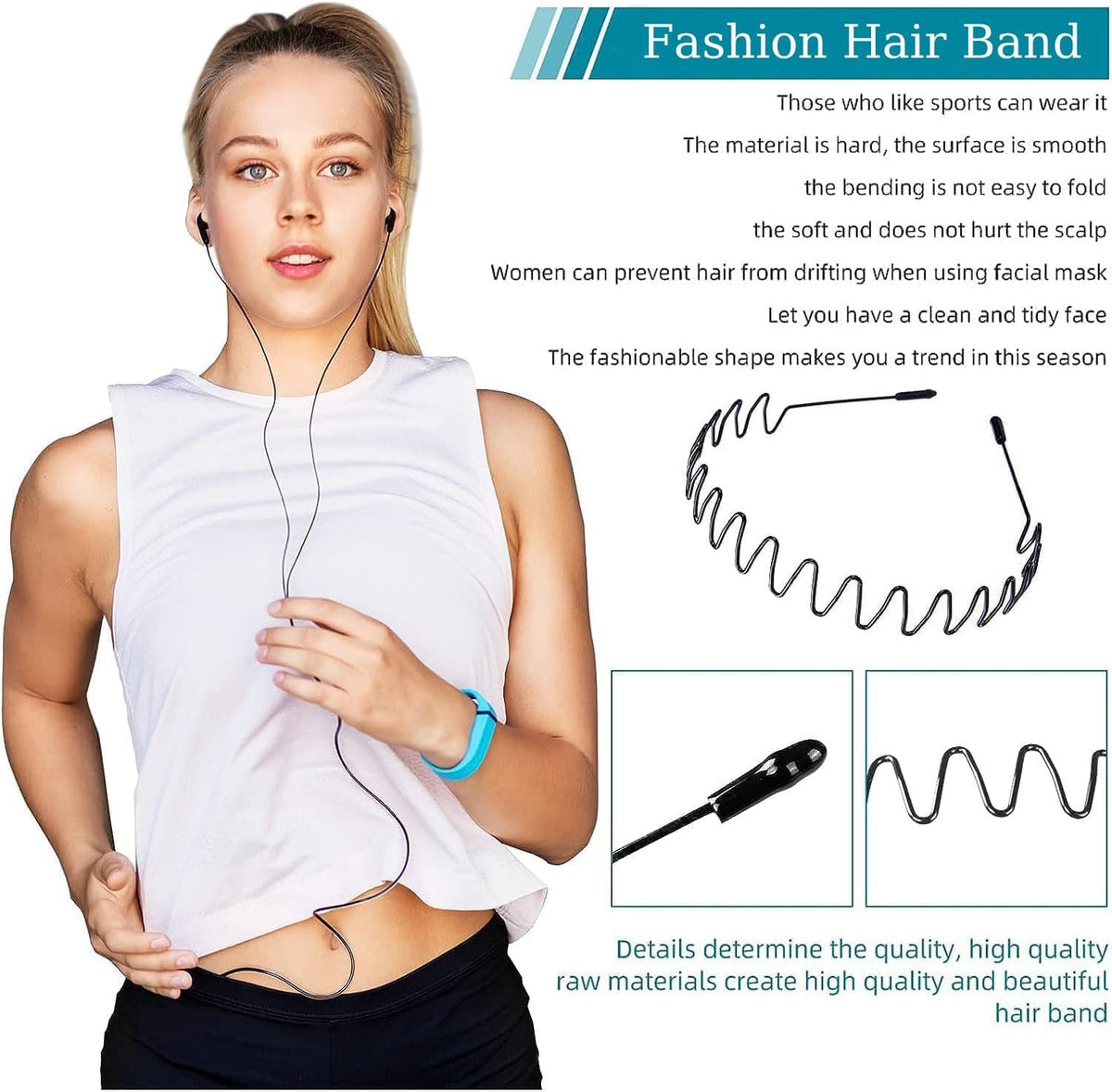 3PCS Metal Hair Bands for Men Non-Slip Black