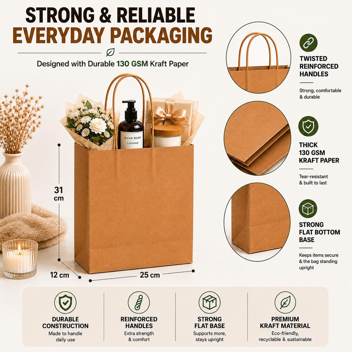 HURUC Brown Paper Bags with Handles 50 Pack Medium 130 GSM