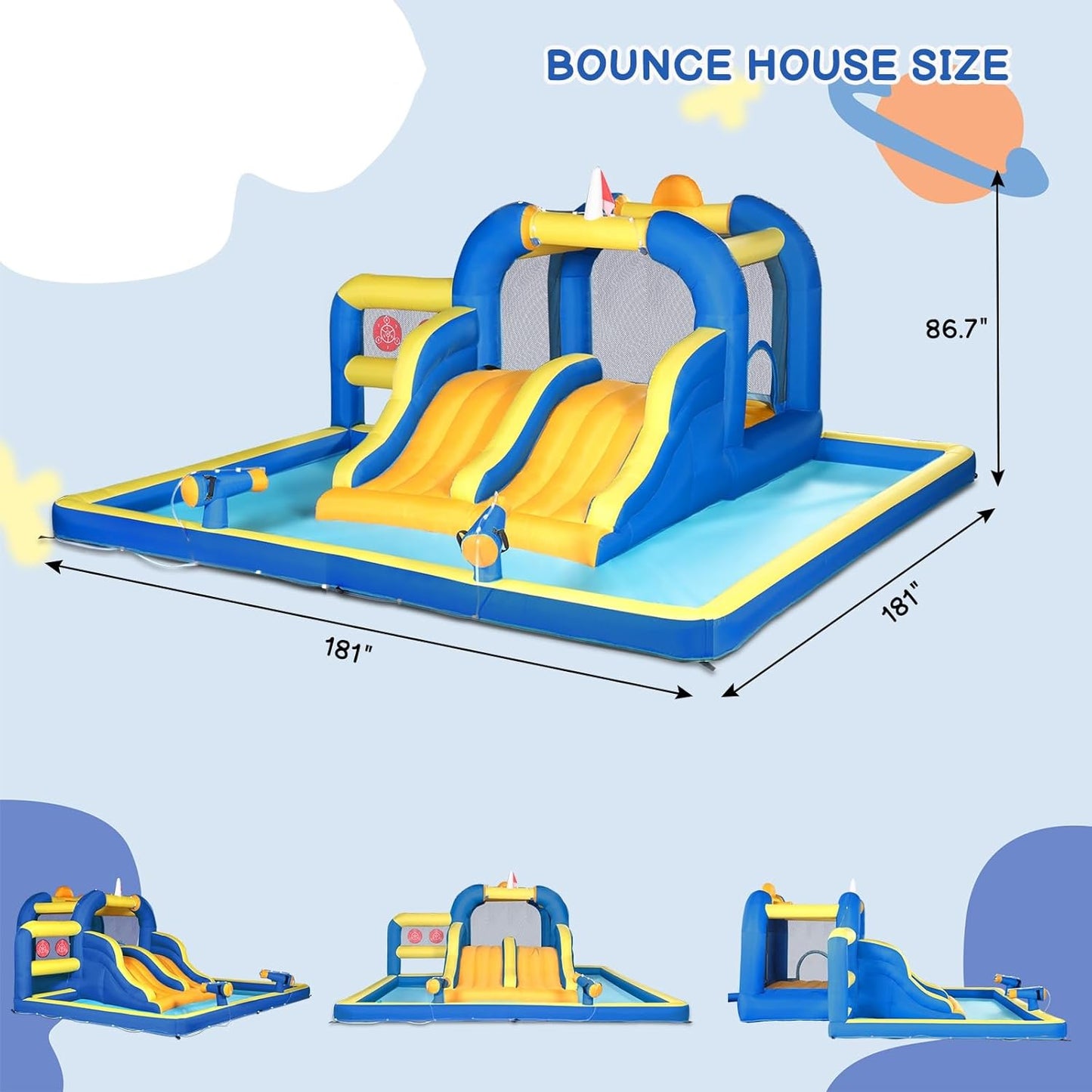 Karl home Outdoor Bouncy Castle with 450W Air Blower, Bounce House with Double Water Slide, Jumping Area, Splash Pool & Basketball Rim (470x472x225cm)