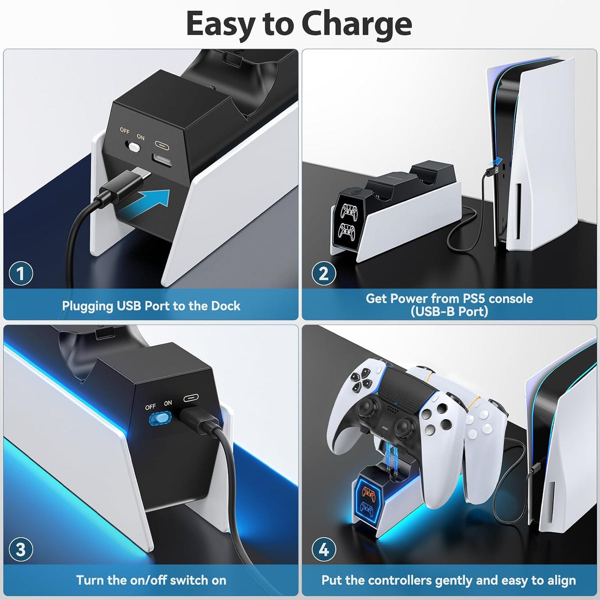 Tokluck Controller Charger Station Compatible with PS5 DualSense & Edge, RGB Charging Stand for PS5 Dual Controller Gaming, Games Charging Dock with LED Lights & Cable for PlayStation 5 Accessories