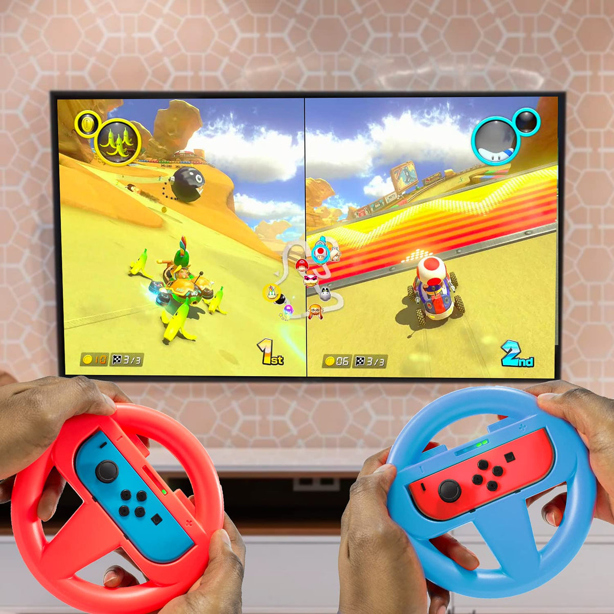 Orzly Racing Steering Wheels – Compatible with Switch 2 (2025 Console) – Party Pack of 4 Joy-Con Controller Attachments for Racing Games (2 Black, 1 Blue, 1 Red)