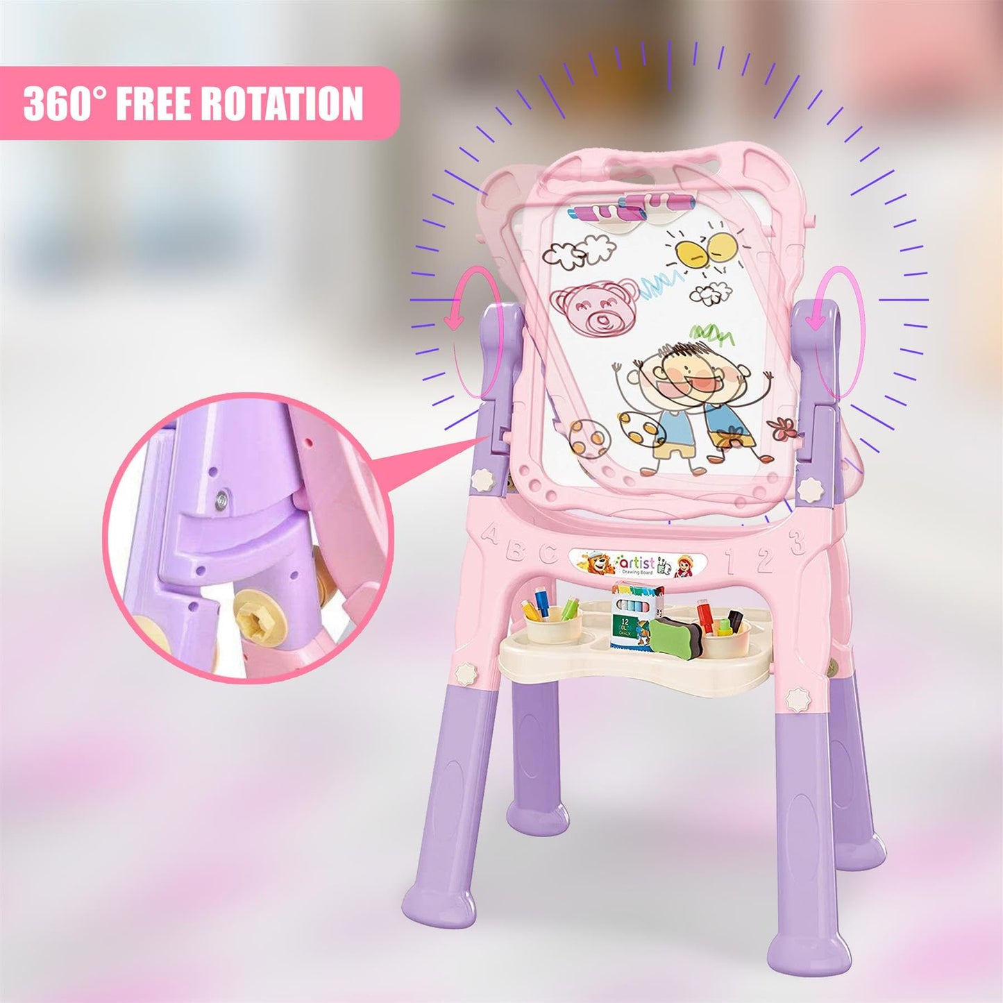 The Magic Toy Shop Kids Folding Double-Sided Magnetic Easel - 360° Rotating & Removable Drawing Board with Blackboard & Whiteboard - Magnets, Chalks, Markers, Stand - Art, Painting, & Writing (Pink)