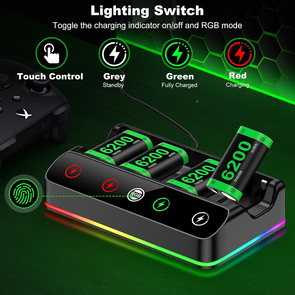 Rechargeable Battery Pack for Xbox One/Series Controller, 4x6200mWh Battery Pack with Charger/Cooling RGB/25H Playtime, Compatible with Xbox One/S/X/Elite 1, Series S/X Controller